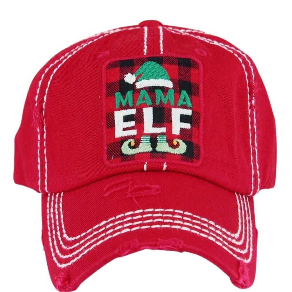 KBETHOS Distressed‎ Red 'Mama Elf' Baseball Cap Hat Buffalo Plaid Accents NWT